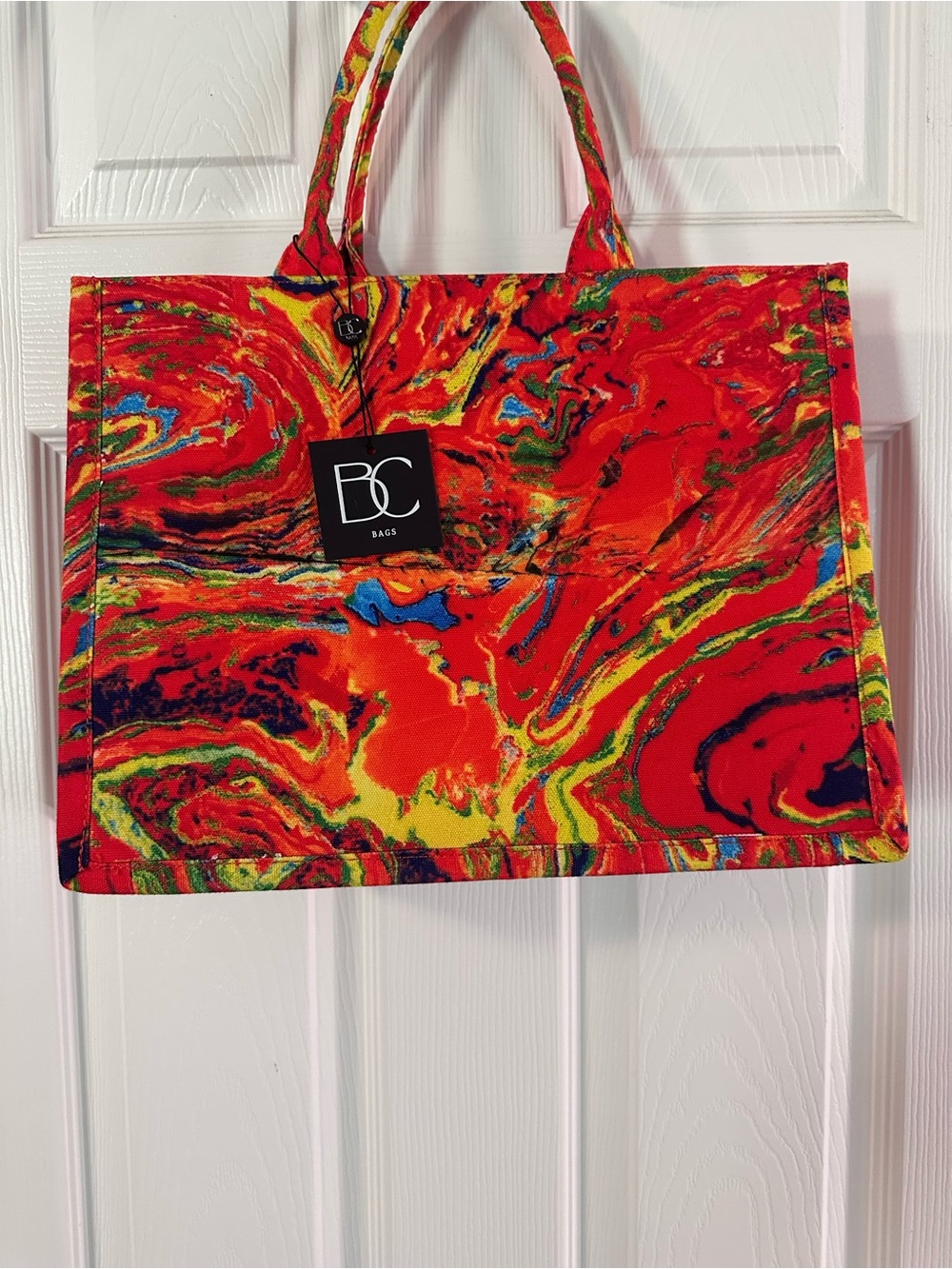 Vibrant Red Multicolor Tote Bag with Marbled Interior